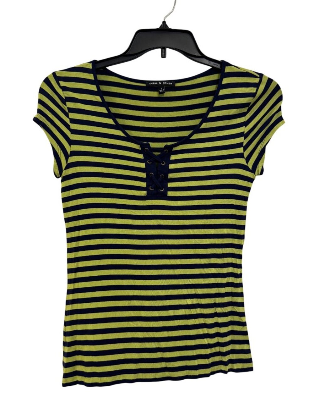 Striped Navy & Lime Green Lace-Up Scoop Neck Top Short Sleeves Size Small